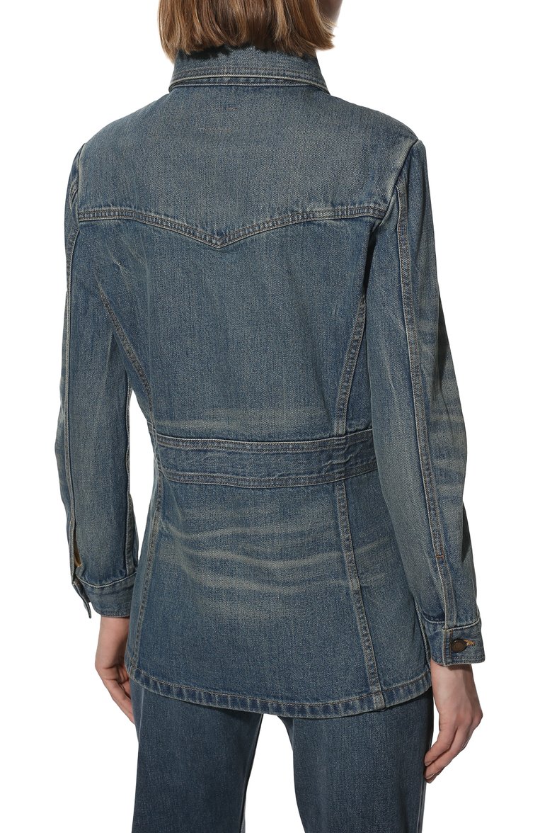 Женская джинсовая куртка SAINT LAURENT тёмно-голубого цвета, арт. 659616/Y863C | Фото 4 (Материал внешний: Хлопок, Деним; Длина (верхняя одежда): Короткие; Рукава: Длинные; Стили: Кэжуэл; Кросс-КТ: Деним, Куртка, Легкие; Автоматизация состава: Проставлено; Автоматизация ТО: Проставлено)
