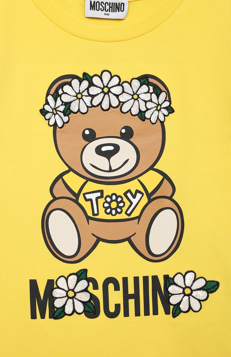 Детское хлопковое платье MOSCHINO желтого цвета, арт. HBV07E/LDA00/4A-8A | Фото 3 (Случай: Повседневный; Материал внешний: Хлопок; Девочки Кросс-КТ: Платье-одежда; Рукава: Короткие; Региональные ограничения белый список (Axapta Mercury): RU; Тематический товар: Teddy Bear)