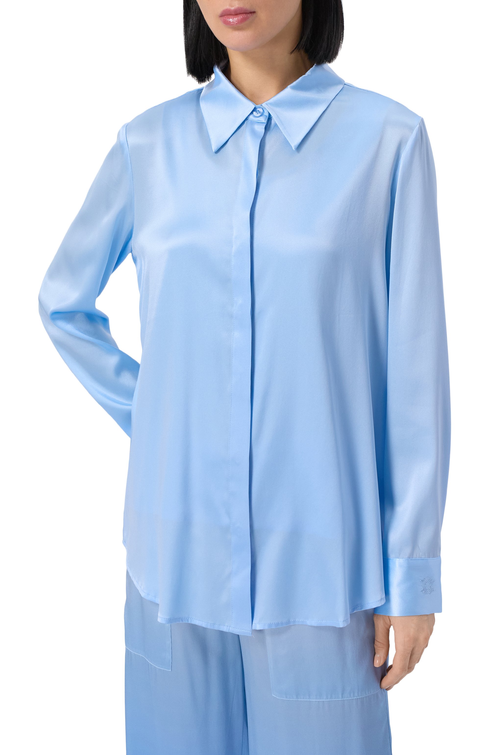 Атласная блузка MAX AND MOI голубого цвета по цене 42100 руб., арт. H23LEVY, фото 3 Атласная блузка MAX AND MOI, арт. H23LEVY, фото 3