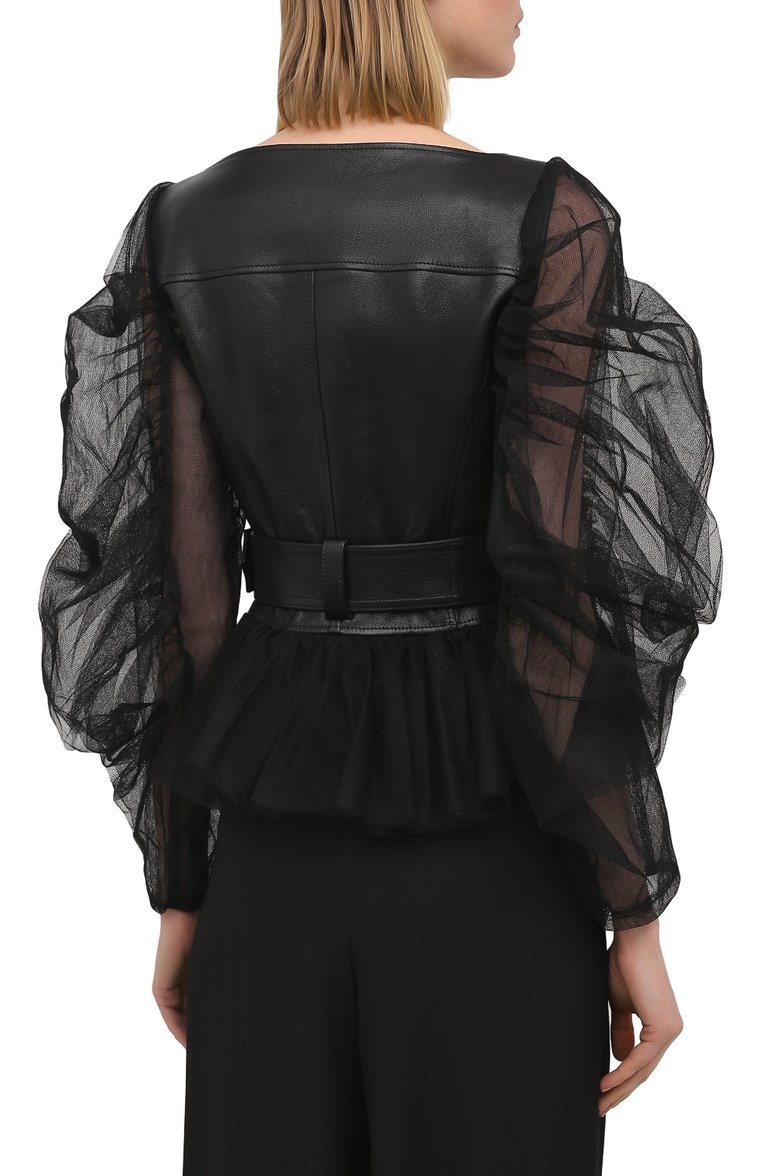 Женская кожаная куртка ALEXANDER MCQUEEN черного цвета, арт. 659837/Q5AF7 | Фото 4 (Рукава: Длинные; Длина (верхняя одежда): Короткие; Материал подклада: Шелк; Женское Кросс-КТ: Замша и кожа; Стили: Гранж; Материал внешний: Натуральная кожа; Кросс-КТ: Куртка, Легкие; Региональные ограничения белый список (Axapta Mercury): RU)