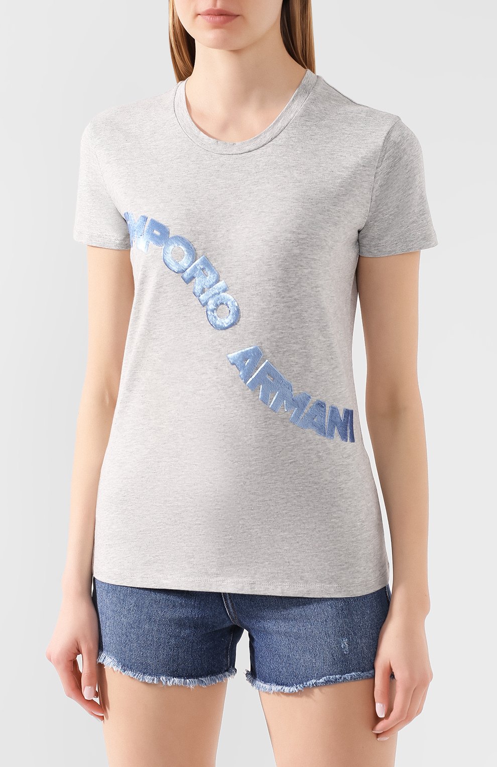 Хлопковая футболка EMPORIO ARMANI серого цвета по цене 10950 руб., арт. 3H2T6F/2JQAZ, фото 3 Хлопковая футболка EMPORIO ARMANI, арт. 3H2T6F/2JQAZ, фото 3