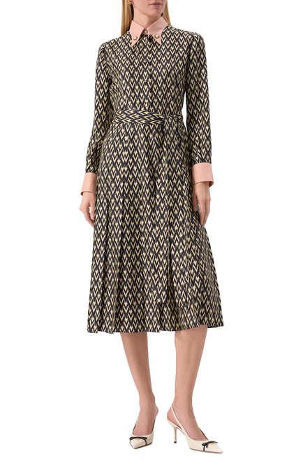 Женское шелковое платье VALENTINO черно-белого цвета, арт. 6B3VAEY590R | Фото 2 (Драгоценные камни: Проставлено; Рукава: Длинные; Материал сплава: Проставлено; Материал внешний: Шелк; Длина Ж (юбки, платья, шорты): Миди)