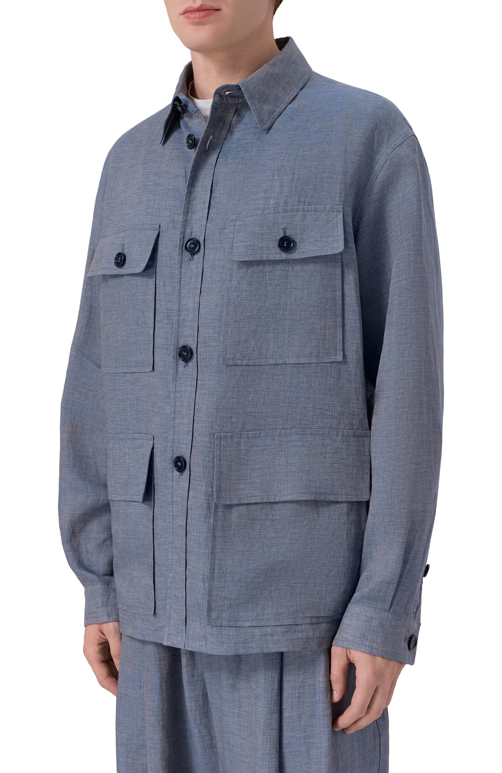 Льняная куртка-рубашка GIORGIO ARMANI голубого цвета по цене 269500 руб., арт. GM004078/TE23125, фото 3 Льняная куртка-рубашка GIORGIO ARMANI, арт. GM004078/TE23125, фото 3