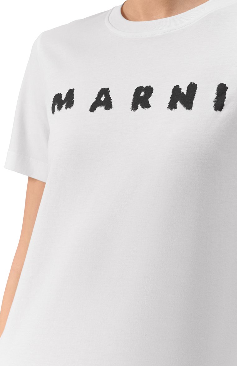 Женская хлопковая футболка MARNI белого цвета, арт. THJE0293P8/USCX42 | Фото 5 (Длина (для топов): Стандартные; Принт: С принтом; Стили: Кэжуэл; Материал внешний: Хлопок; Рукава: Короткие)