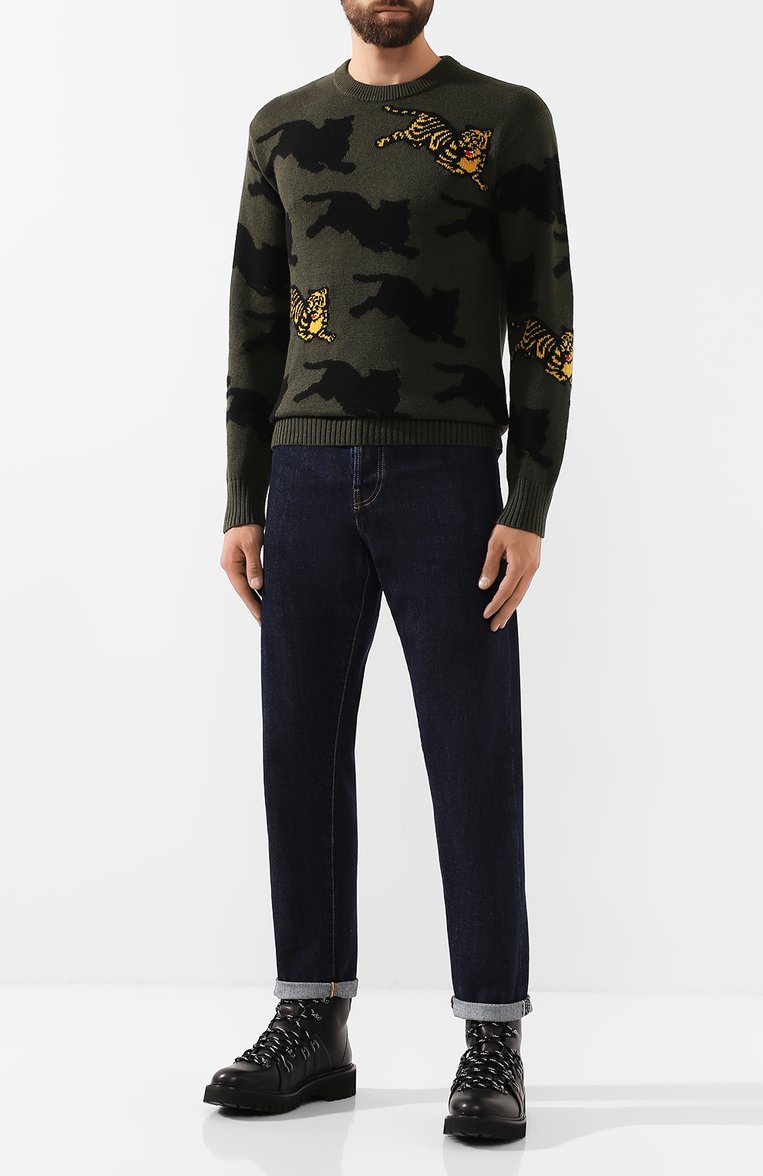 Мужской джемпер из смеси хлопка и шерсти KENZO хаки цвета, арт. F965PU2113LA | Фото 2 (Рукава: Длинные; Мужское Кросс-КТ: Джемперы; Длина (для топов): Стандартные; Рукава от горловины: Длинные; Материал внешний: Хлопок; Статус проверки: Проверено, Проверена категория; Вырез: Круглый; Принт: С принтом; Стили: Кэжуэл)