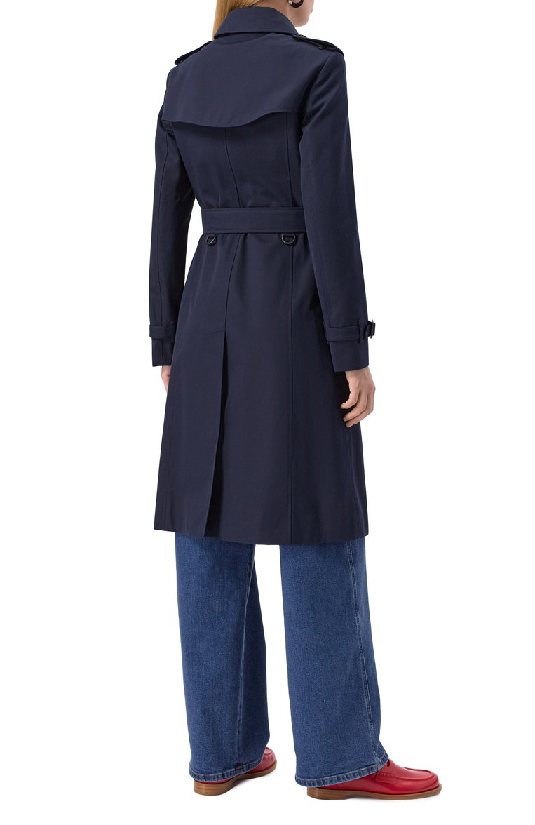 Женский хлопковый тренч BURBERRY синего цвета, арт. 8059269 | Фото 4 (Длина (верхняя одежда): До колена; Материал подклада: Х�лопок; Материал внешний: Хлопок; Рукава: Длинные; Стили: Классический; Кросс-КТ: Куртка)