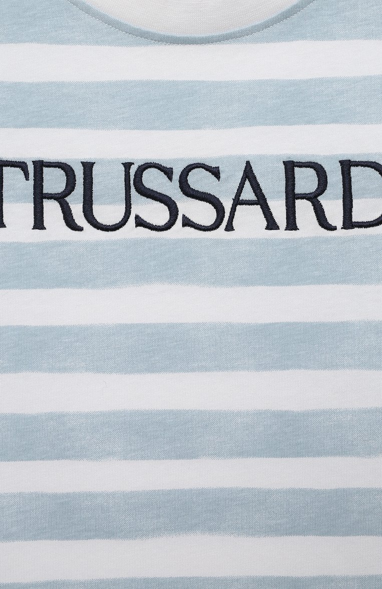 Детская хлопковая футболка TRUSSARDI JUNIOR голубого цвета, арт. TBP23012TS | Фото 3 (Рукава: Короткие; Материал внешний: Хлопок; Мальчики Кросс-КТ: Футбо�лка-одежда; Материал сплава: Проставлено; Драгоценные камни: Проставлено)