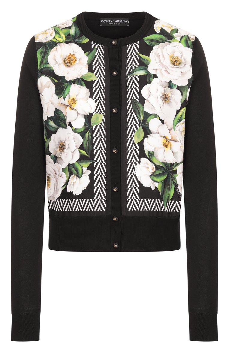 Женский шелковый кардиган DOLCE & GABBANA черного цвета, арт. FXV79T/JBSK9 | Фото 1 (Длина (для топов): Стандартные; Рукава: Длинные; Материал внешний: Шелк; Женское Кросс-КТ: кардиган-трикотаж; Стили: Кэжуэл; Застежка: Пуговицы; Автоматизация ТО: Проставлено; Размерность: Идёт в размер; Автоматизация состава: Проставлено)