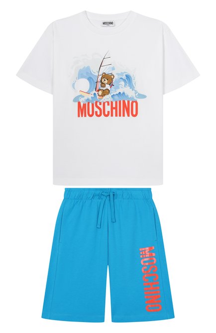 Детского комплект из футболки и шорт MOSCHINO бирюзового цвета, арт. HUG00Q/LAA42/10-14 | Фото 1 (Материал внешний: Хлопок; Рукава: Короткие; Материал сплава: Проставлено; Драгоценные камни: Проставлено)