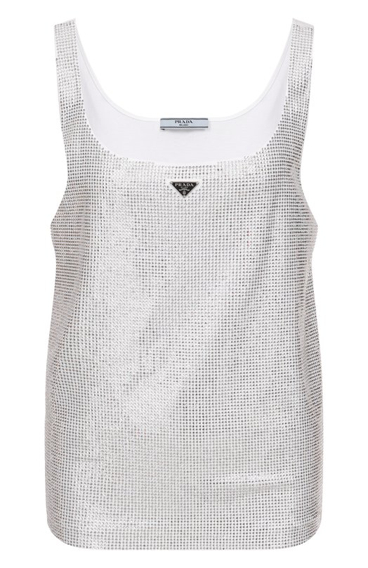 Хлопковая майка с отделкой стразами Prada 3535BR/13TI Серебряный 3535BR/13TI