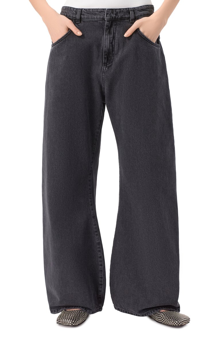 Женские джинсы SSHEENA черного цвета, арт. 25SSJADE DS25001/BLACK | Фото 3 (Длина (брюки, джинсы): Стандартные; Материал внешний: Хлопок, Деним; Кросс-КТ: Деним; Детали: Принт, Делаве; Силуэт Ж (брюки и джинсы): Расклешенные; Стили: Гранж)