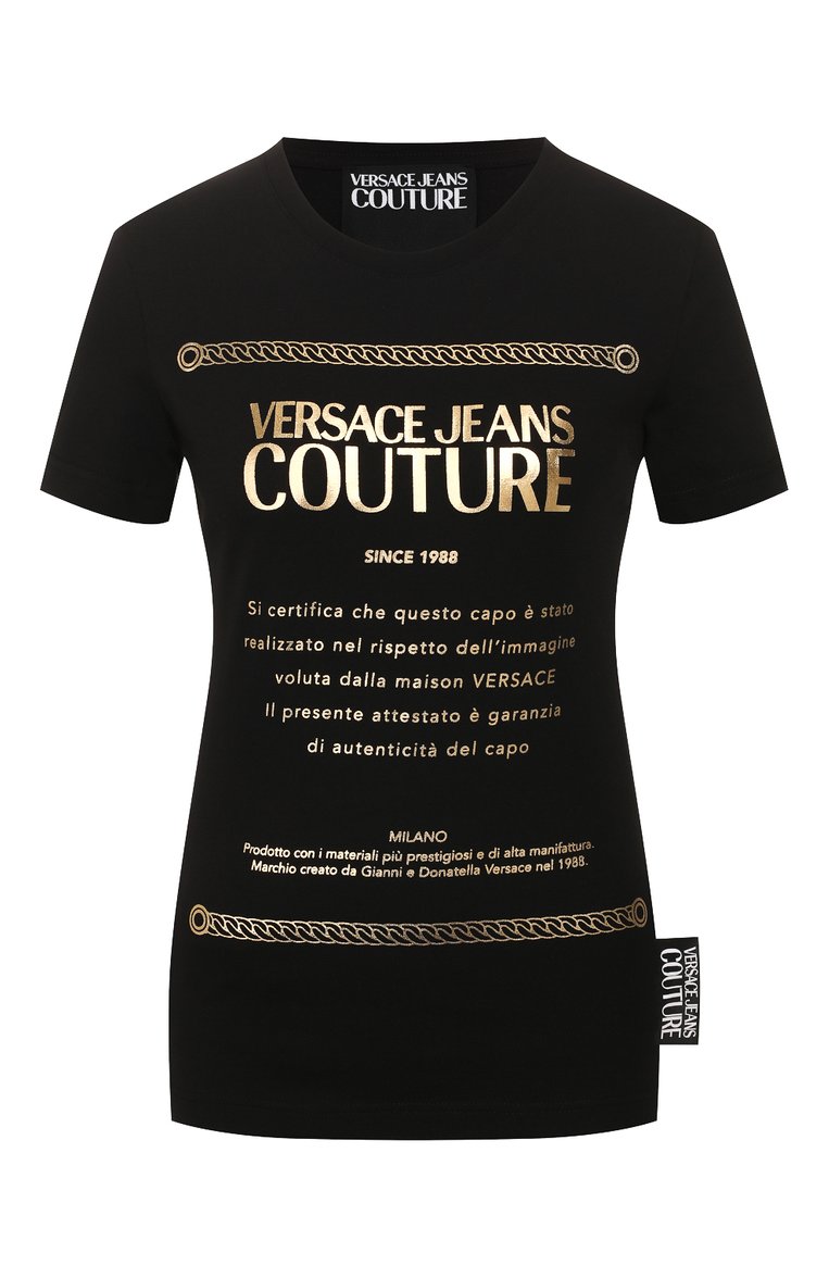 Женская хлопковая футболка VERSACE JEANS COUTURE черного цвета, арт. B2HVA7T1-VDP608 48 F0IL/30320 | Фото 1 (Женское Кросс-КТ: Футболка-одежда; Рукава: Короткие; Материал внешний: Хлопок; Длина (для топов): Стандартные; Стили: Гламурный, Кэжуэл; Принт: С принтом; Материал сплава: Проставлено; Драгоценные камни: Проставлено)