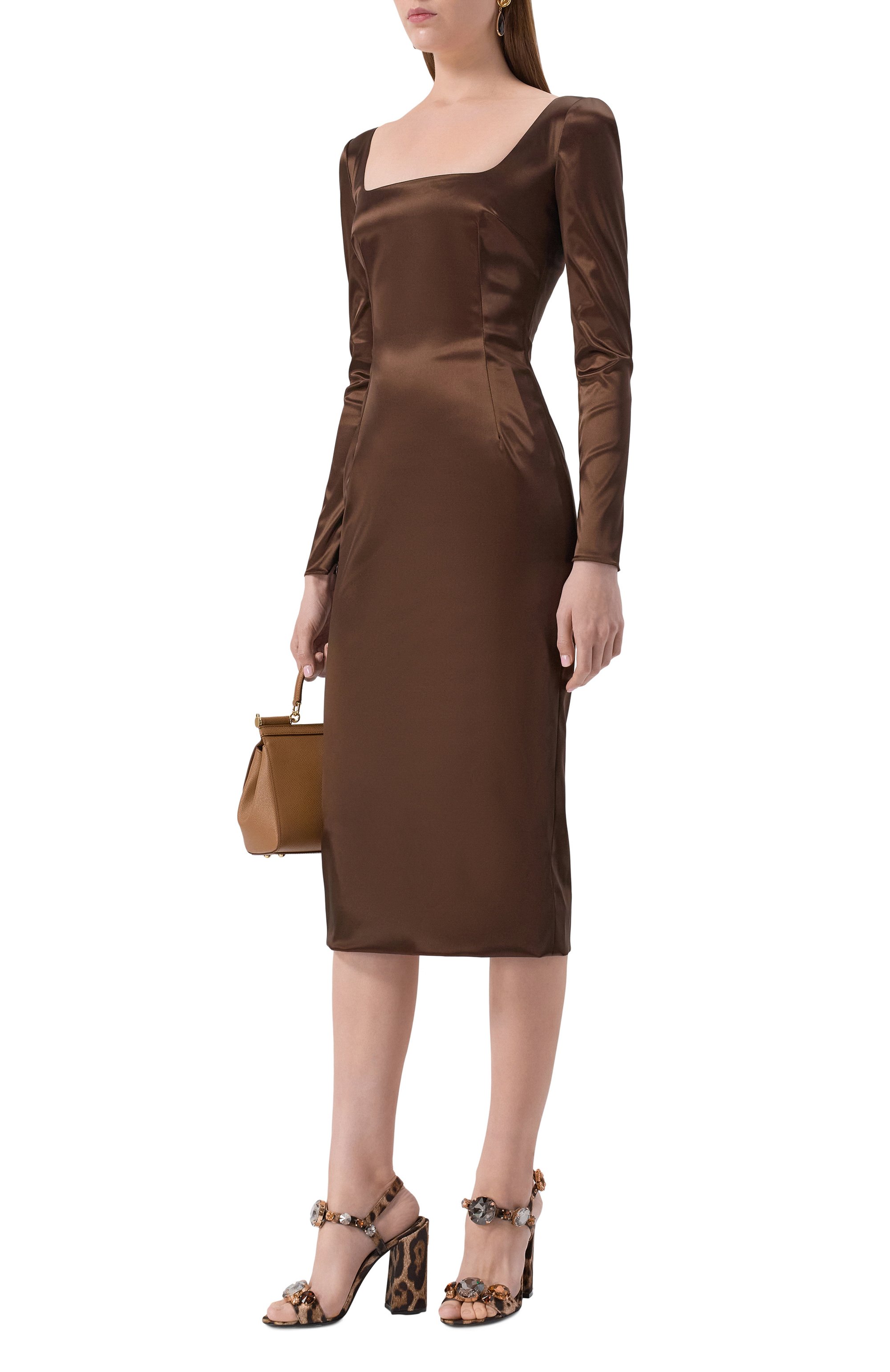 Атласное платье DOLCE & GABBANA коричневого цвета по цене 310000 руб., арт. F6TYGT/FURAD, фото 2 Атласное платье DOLCE & GABBANA, арт. F6TYGT/FURAD, фото 2