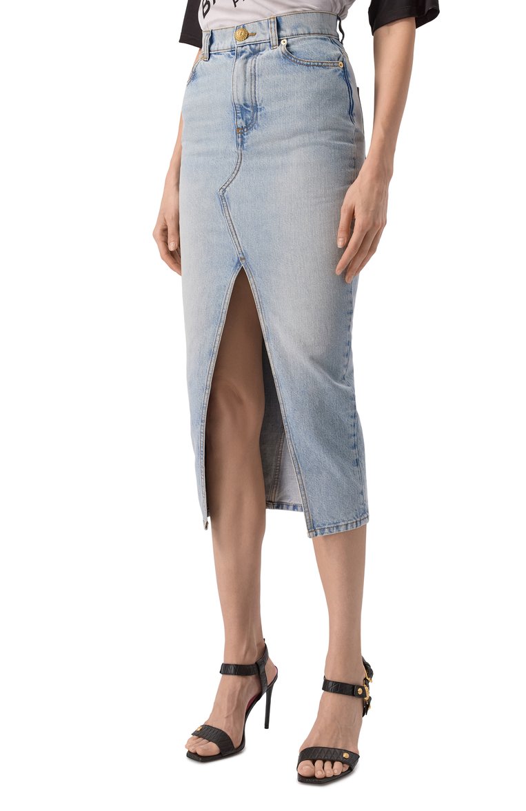 Женская джинсовая юбка BALMAIN голубого цвета, арт. EF1LD460/DF23 | Фото 3 (Драгоценные камни: Проставлено; Длина Ж (юбки, платья, шорты): Миди; Материал сплава: Проставлено; Материал внешний: Деним, Хлопок; Кросс-КТ: Деним; Стили: Кэжуэл)