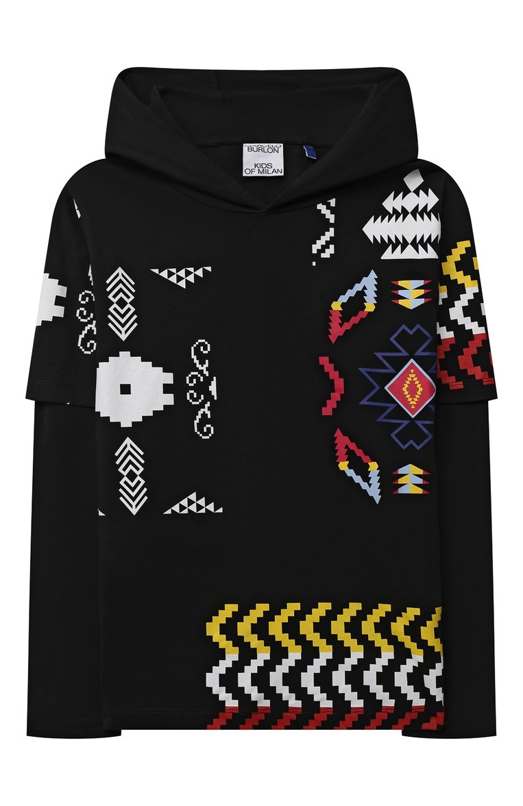 Детская хлопковый лонгслив с капюшоном MARCELO BURLON KIDS OF MILAN черного цвета, арт. CBAB005F21JER001 | Фото 1 (Рукава: Длинные; Материал внешний: Хлопо�к; Мальчики Кросс-КТ: Лонгслив-одежда; Драгоценные камни: Проставлено; Материал сплава: Проставлено; Ростовка одежда: 10 - 11 лет | 140 - 146см, 12 лет | 152 см, 8 лет | 128 см)