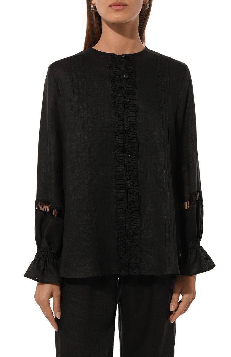 Женская льняная блузка KITON черного цвета, арт. D57461H05953 | Фото 3 (Материал внешний: Лен; Принт: Без принта; Женское Кросс-КТ: Блуза-одежда; Стили: Кэжуэл; Рукава: Длинные; Длина (для топов): Стандартные)