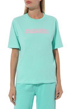 Женская хлопковая футболка DSQUARED2 бирюзового цвета, арт. S75GD0283/D20004 | Фото 3 (Рукава: Короткие; Длина (для топов): Стандартные; Принт: С принтом; Материал сплава: Проставлено; Материал внешний: Хлопок; Женское Кросс-КТ: Футболка-одежда; Драгоценные камни: Проставлено; Стили: Кэжуэл)