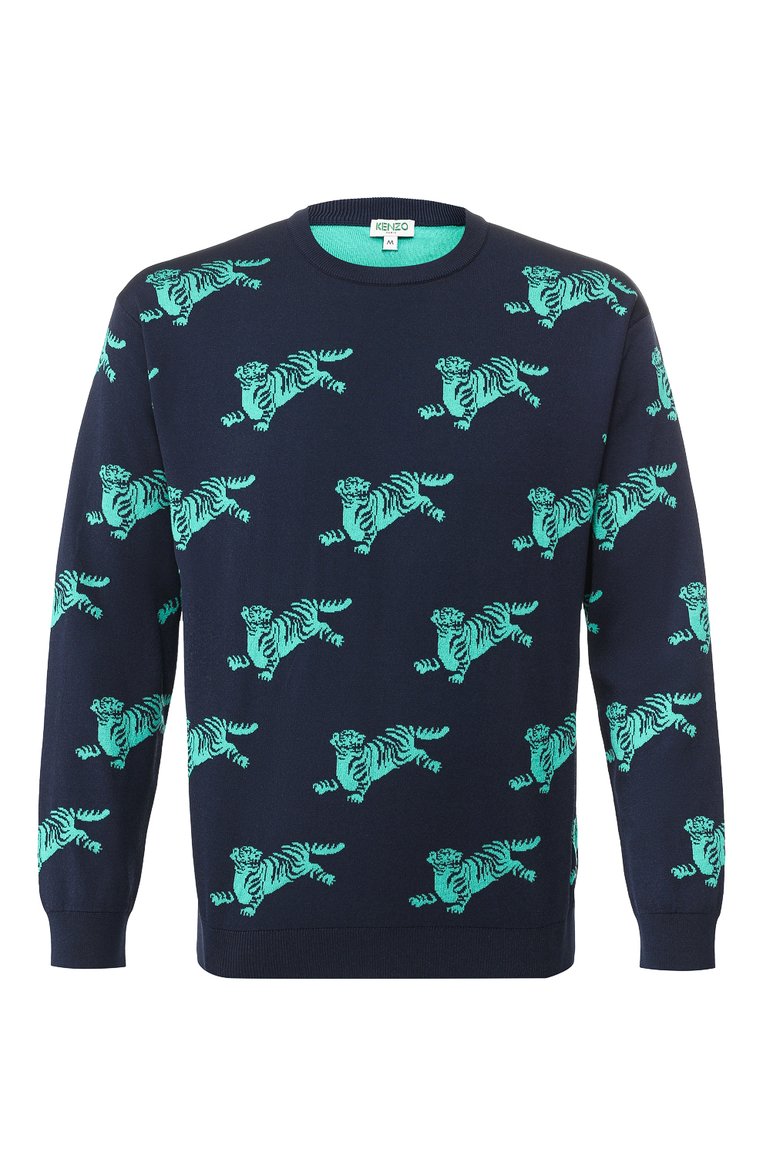 Мужской джемпер из смеси вискозы и хлопка KENZO темно-синего цвета, арт. FA55PU5033LA | Фото 1 (Материал внешний: Хлопок, Вискоза; Длина (для топов): Стандартные; Рукава: Длинные; Статус проверки: Проверена категория; Принт: С принтом; Мужское Кросс-КТ: Джемперы; Вырез: Круглый; Стили: Кэжуэл)