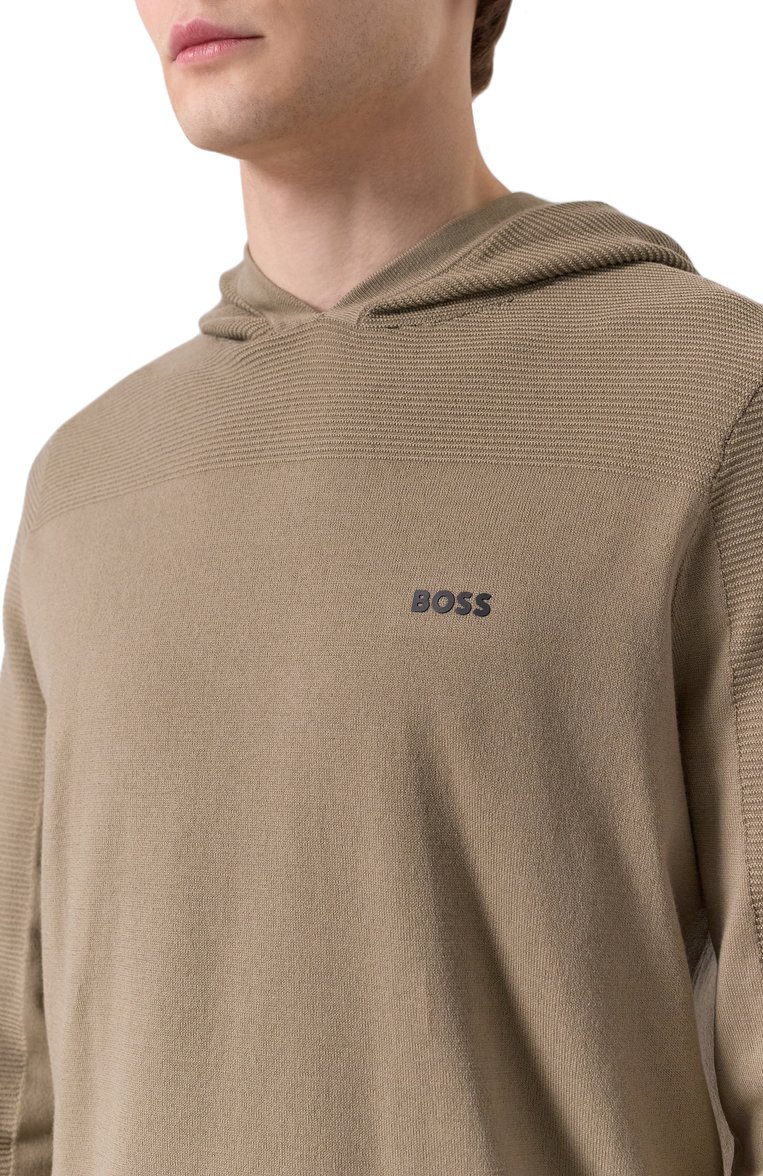 Мужской худи BOSS GREEN бежевого цвета, арт. 50528865 | Фото 5 (Длина (для топов): Стандартные; Материал внешний: Шерсть, Синтетический материал; Рукава: Длинные; Мужское Кросс-КТ: Худи-одежда; Принт: Без принта; Стили: Кэжуэл)
