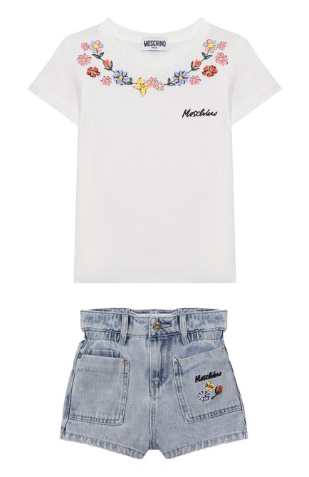 Детский комплект из футболки и шорт MOSCHINO голубого цвета по цене 0 руб., арт. HDG01B/L0E08/10-14 | Фото 1