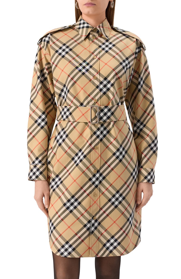 Женское хлопковое платье BURBERRY бежевого цвета, арт. 8086610 | Фото 3 (Материал внешний: Хлопок; Рукава: Длинные; Длина Ж (юбки, платья, шорты): До колена; Случай: Повседневный; Стили: Кэжуэл; Женское Кросс-КТ: Платье-одежда)