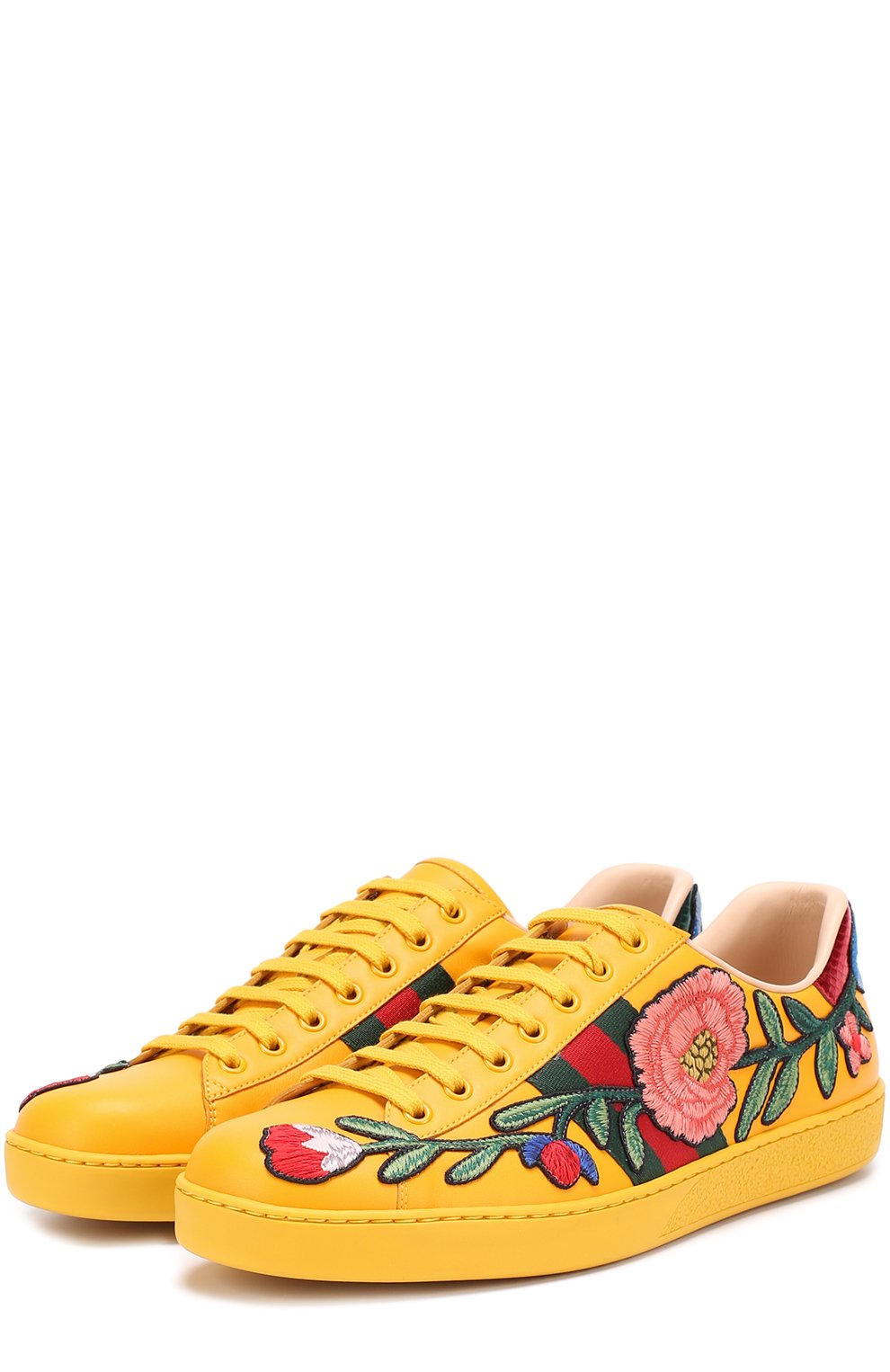 Кожаные кеды ace с контрастной вышивкой GUCCI желтого цвета по цене 49650 руб., арт. 440659/A38G0, фото 1 Кожаные кеды ace с контрастной вышивкой GUCCI, арт. 440659/A38G0, фото 1
