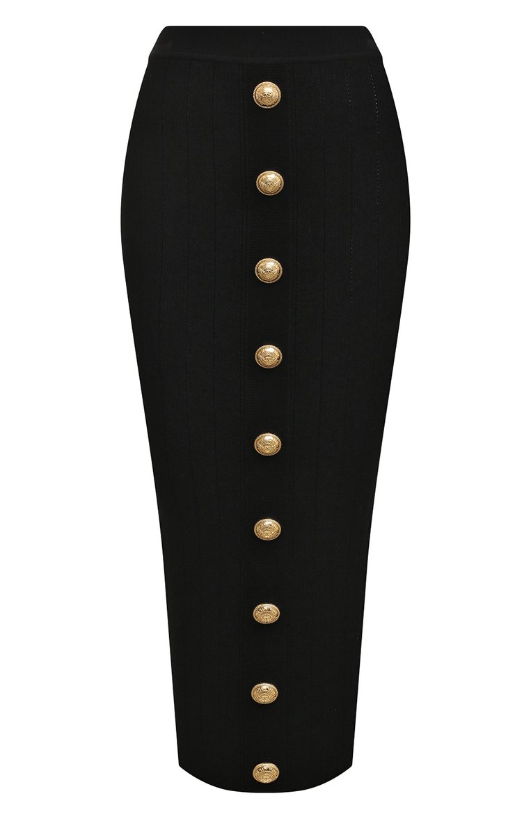 Женская юбка из вискозы BALMAIN черного цвета, арт. YF1LD066KB07 | Фото 1 (Длина Ж (юбки, платья, шорты): Миди; Материал внешний: Вискоза; Женское Кросс-КТ: Юбка-одежда; Кросс-КТ: Трикотаж; Стили: Кэжуэл; Автоматизация состава: Проставлено; Автоматизация ТО: Проставлено)