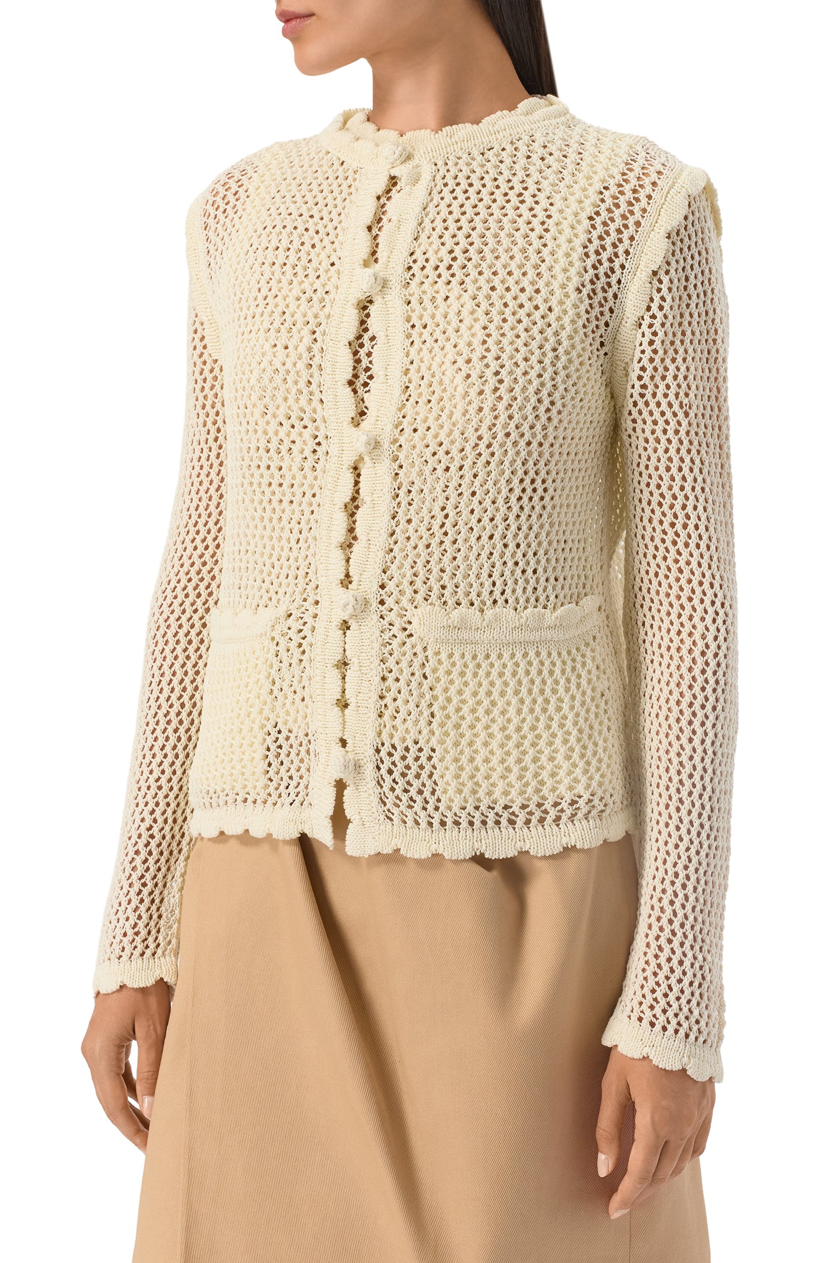 Хлопковый кардиган ELIE SAAB кремового цвета по цене 165000 руб., арт. J0230NBC26/CK024, фото 3 Хлопковый кардиган ELIE SAAB, арт. J0230NBC26/CK024, фото 3