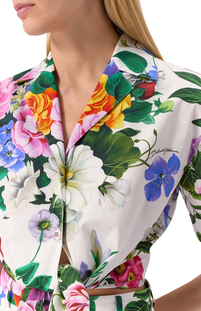 Женская хлопковая рубашка DOLCE & GABBANA разноцветного цвета, арт. F5T30T/HS5S6 | Фото 5 (Длина (для топов): Укороченные; Рукава: Короткие; Материал внешний: Хлопок; Стили: Романтичный; Принт: С принтом; Женское Кросс-КТ: Рубашка-одежда; Кросс-КТ: костюм; Автоматизация состава: Проставлено; Размерность: Идёт в размер; Автоматизация ТО: Проставлено; Re-sync: On)