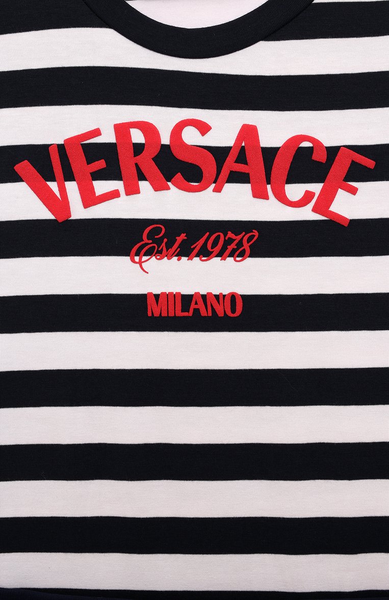 Детское хлопковое платье VERSACE темно-синего цвета, арт. 1012672/1A09684/8A-14A | Фото 3 (Драгоценные камни: Проставлено; Материал сплава: Проставлено; Рукава: Короткие; Материал внешний: Хлопок; Девочки Кросс-КТ: Платье-одежда; Случай: Повседневный; Ростовка одежда: 8 лет | 128 см, 10 - 11 лет | 140 - 146см, 12 лет | 152 см, 16 лет | 164 см)