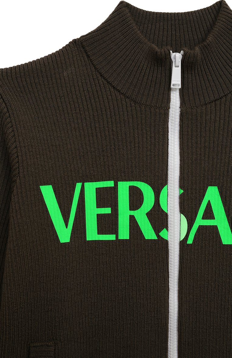 Детский шерстяной кардиган VERSACE хаки цвета, арт. 1010872/1A07919/4A-6A | Фото 3 (Рукава: Длинные; Материал внешний: Шерсть; Мальчики Кросс-КТ: Кардиган-одежда)