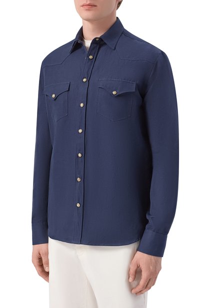 Рубашка из хлопка и льна CANALI темно-синего цвета по цене 74200 руб., арт. CSL7066/GL03744, фото 3 Рубашка из хлопка и льна CANALI, арт. CSL7066/GL03744, фото 3