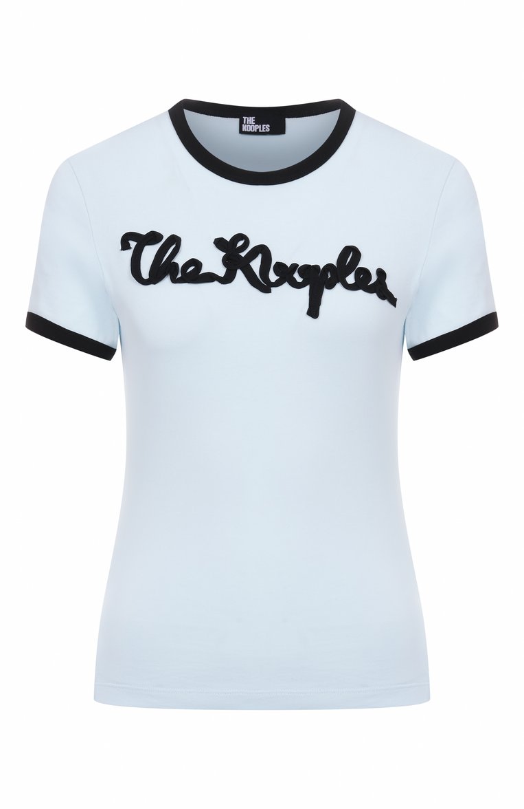 Женская хлопковая футболка THE KOOPLES голубого цвета, арт. FTSC30012K | Фото 1 (Рукава: Короткие; Автоматизация ТО: Проставлено; Материал внешний: Хлопок; Длина (для топов): Стандартные; Автоматизация состава: Проставлено; Детали: Декор; Принт: Без принта; Стили: Кэжуэл; Женское Кросс-КТ: Футболка-одежда)