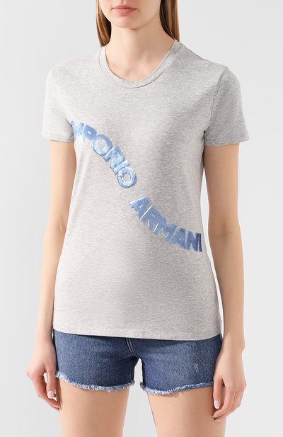 Хлопковая футболка EMPORIO ARMANI серого цвета по цене 10950 руб., арт. 3H2T6F/2JQAZ, фото 3 Хлопковая футболка EMPORIO ARMANI, арт. 3H2T6F/2JQAZ, фото 3