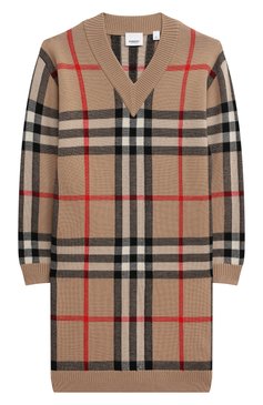 Детское шерстяное платье BURBERRY бежевого цвета, арт. 8072920 | Фото 1 (Драгоценные камни: Проставлено; Материал сплава: Проставлено; Материал внешний: Шерсть; Рукава: Длинные; Случай: Повседневный)