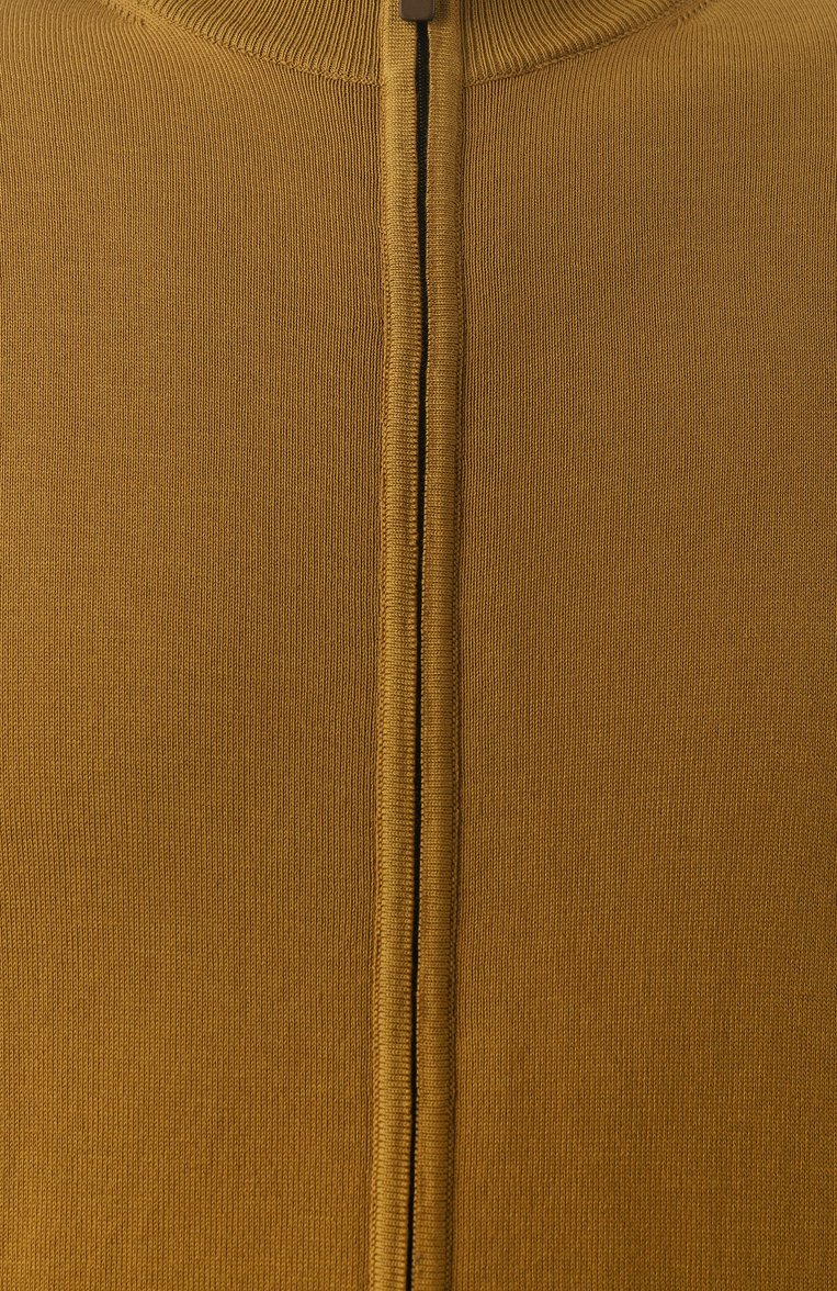 Мужской хлопковый кардиган CANALI горчичного цвета, арт. C0022/MK00145 | Фото 6 (Рукава: Длинные; Длина (для топов): Стандартные; Мужское Кросс-КТ: Кардиган-одежда; Стили: Кэжуэл; Материал внешний: Хлопок; Застежка: Молния)