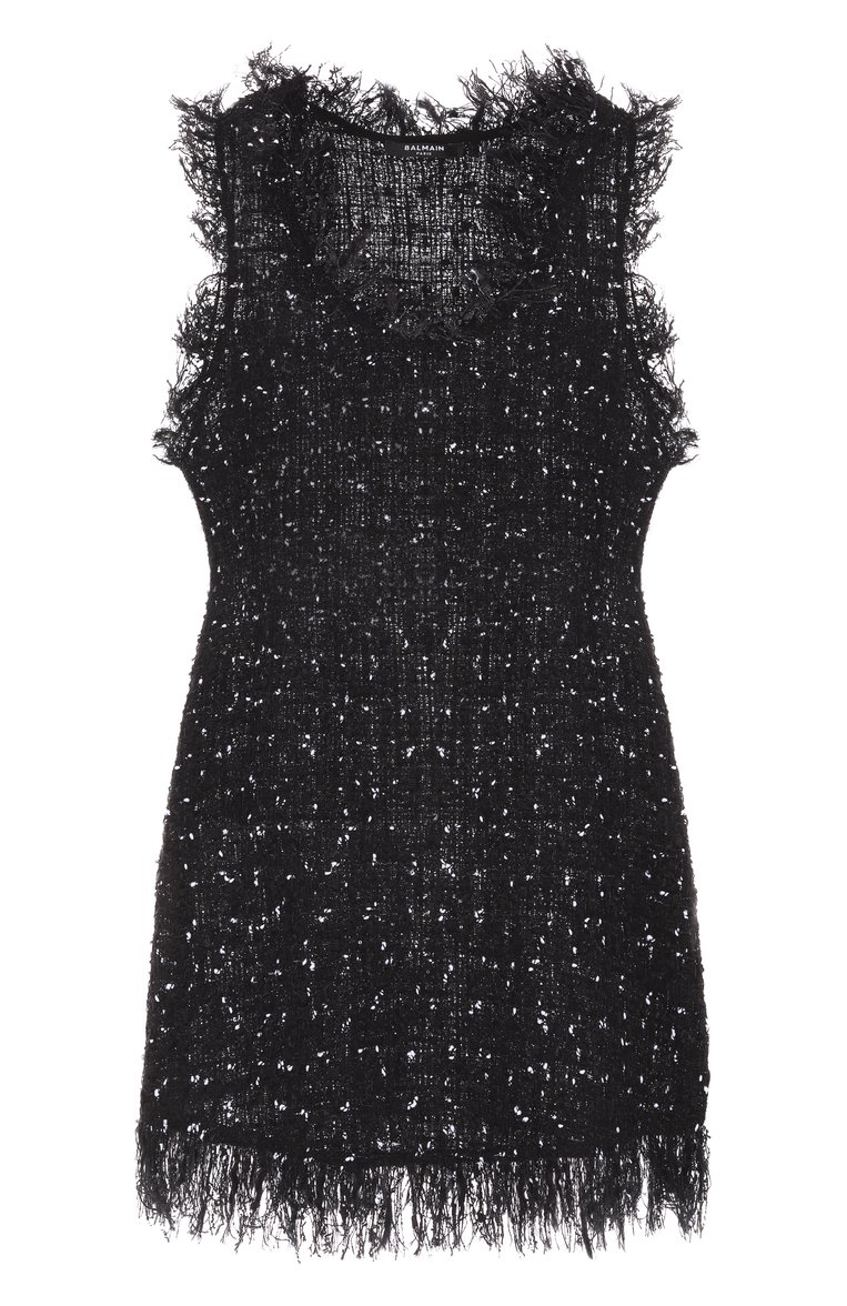 Женский твидовый топ BALMAIN черного цвета, арт. EF0AD294/XL06 | Фото 1 (Материал внешний: Хлопок, Синтетический материал; Длина (для топов): Удлиненные, Стандартные; Рукава: Без рукавов; Кросс-КТ: костюм; Стили: Гламурный; Автоматизация состава: Проставлено; Автоматизация ТО: Проставлено)