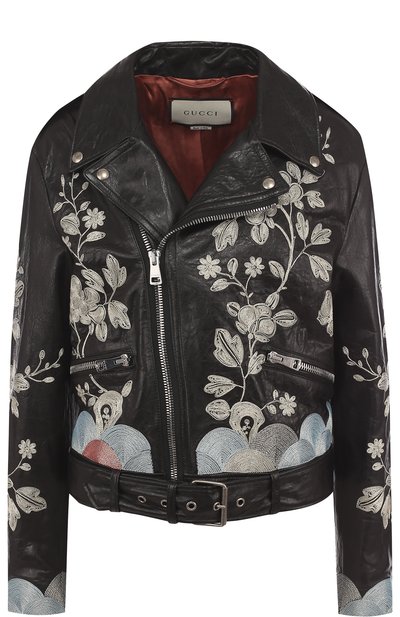 Кожаная куртка с косой молнией и контрастной вышивкой GUCCI, арт. 502642/XG556, фото 1