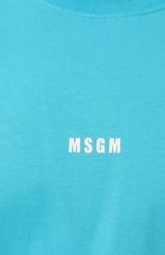 Женская хлопковая футболка MSGM бирюзового цвета, арт. 3641MDM500/247002 | Фото 5 (Рукава: Короткие; Длина (для топов): Стандартные; Принт: С принтом; Материал сплава: Проставлено; Материал внешний: Хлопок; Стили: Спорт-шик; Женское Кросс-КТ: Футболка-одежда; Драгоценные камни: Проставлено)