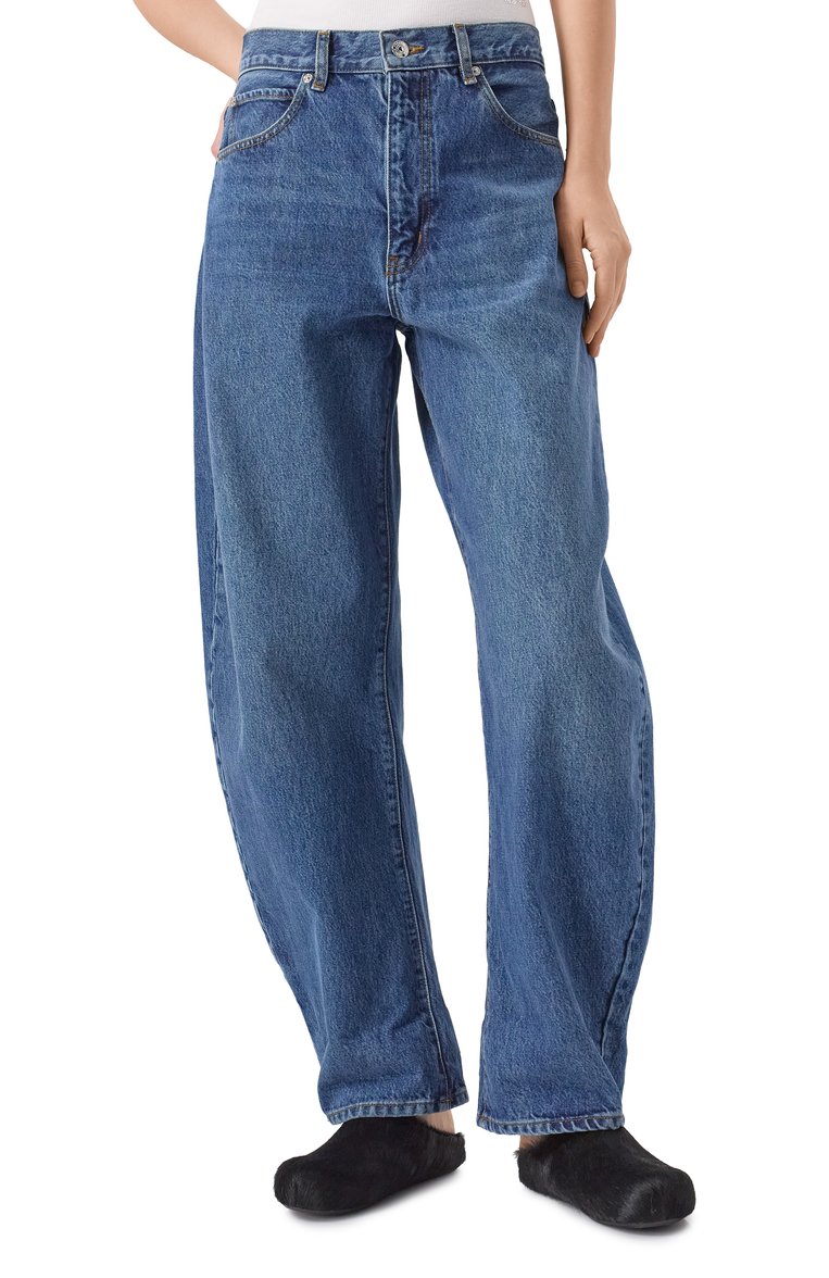 Женские джинсы FRAME DENIM синего цвета, арт. WP25DPAZ05 | Фото 3 (Длина (брюки, джинсы): Стандартные; Кросс-КТ: Деним; Силуэт Ж (брюки и джинсы): Шир�окие; Материал внешний: Деним, Хлопок; Детали: Делаве; Стили: Гранж)