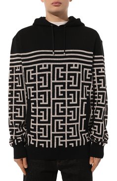 Мужской худи из шерсти и льна BALMAIN черно-белого цвета, арт. AH1JR070KD54 | Фото 3 (Материал внешний: Шерсть, Лен; Рукава: Длинные; Длина (для топов): Стандартные; Принт: С принтом; Мужское Кросс-КТ: Худи-одежда; Материал сплава: Проставлено; Драгоценные камни: Простав�лено; Стили: Кэжуэл)