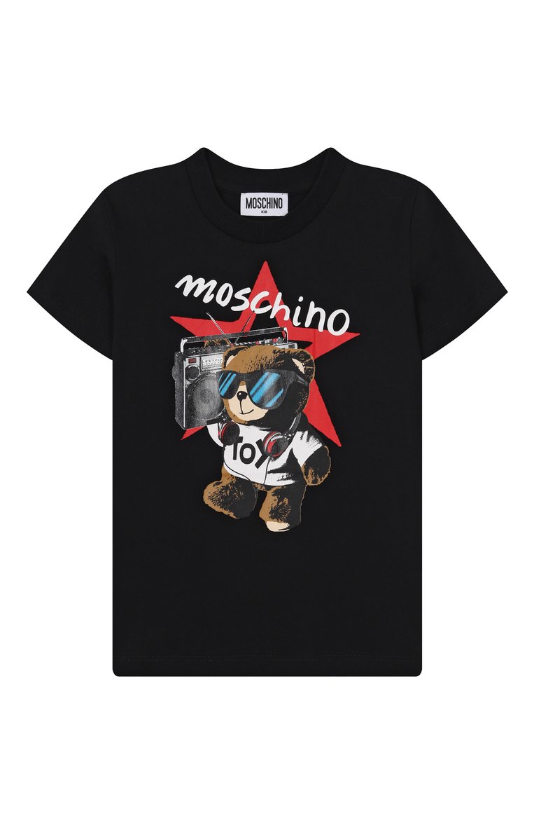 Детская хлопковая футболка MOSCHINO черного цвета, арт. HXM04K/LAA24/4-8 | Фото 1 (Рукава: Короткие; Материал внешний: Хлопок; Мальчики Кросс-КТ: Футболка-одежда; Тематический товар: Teddy Bear; Ростовка одежда: 4 года | 104 см, 5 лет | 110 см, 6 лет | 116 см, 8 лет | 128 см)
