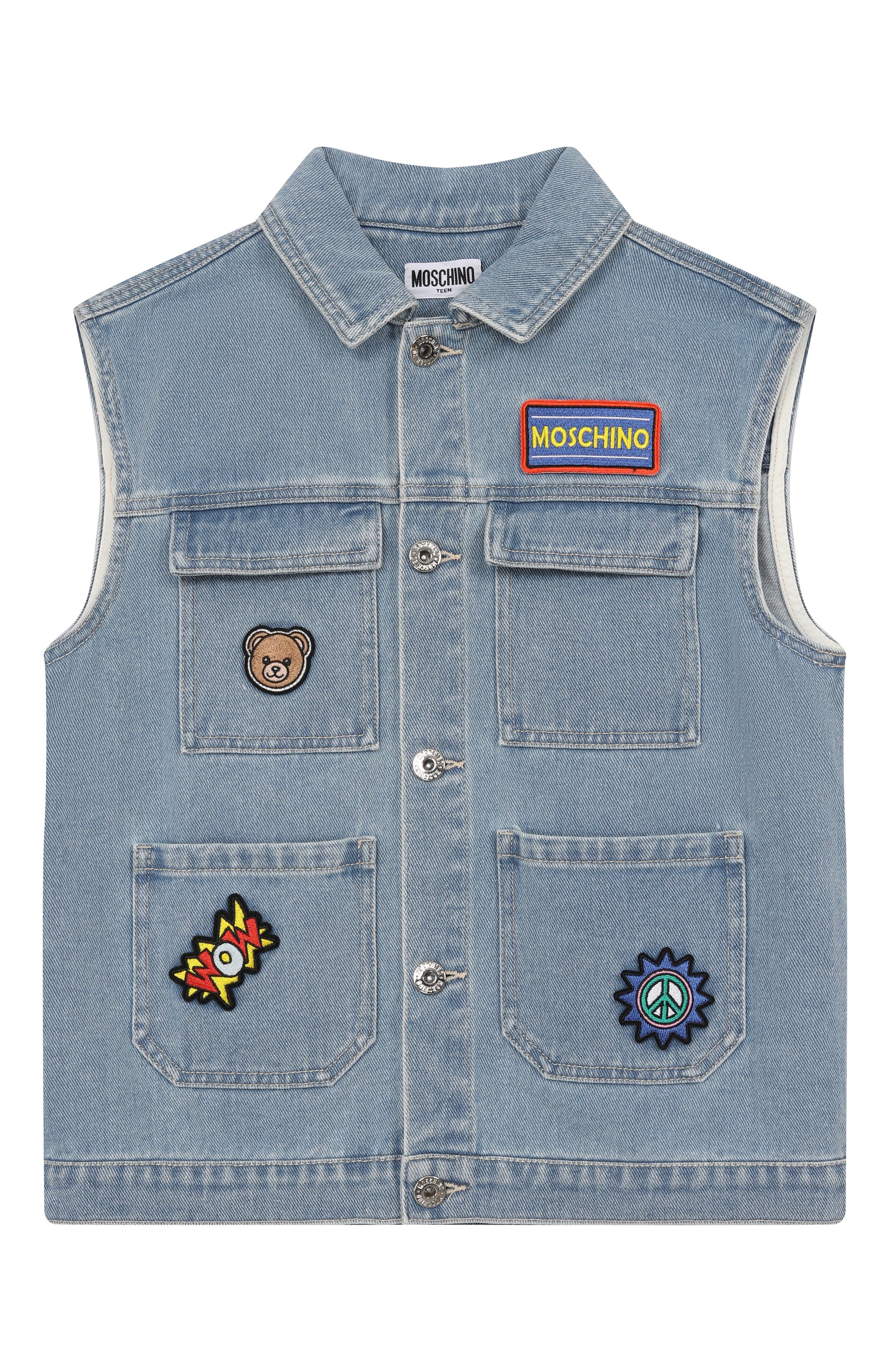 Джинсовый жилет MOSCHINO голубого цвета по цене 29950 руб., арт. HUN001/L0E37, фото 1 Джинсовый жилет MOSCHINO, арт. HUN001/L0E37, фото 1