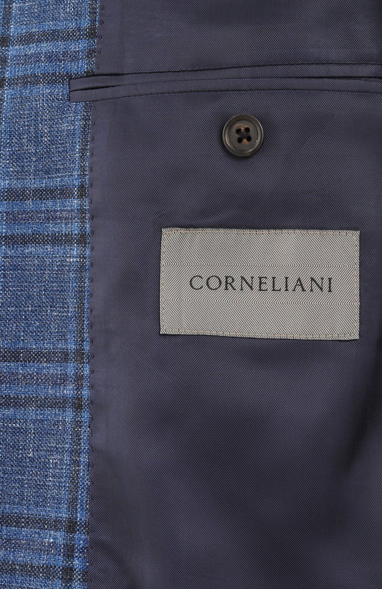Мужской пиджак из шерсти и шелка CORNELIANI синего цвета, арт. 256018-2516200 | Фото 9 (Материал внешний: Шерсть; Рукава: Длинные; Драгоценные камни: Проставлено; Длина (для топов): Стандартные; Материал сплава: Проставлено; Случай: Повседневный; Пиджаки М: Приталенный; Стили: Кэжуэл; 1-2-бортные: Однобортные)