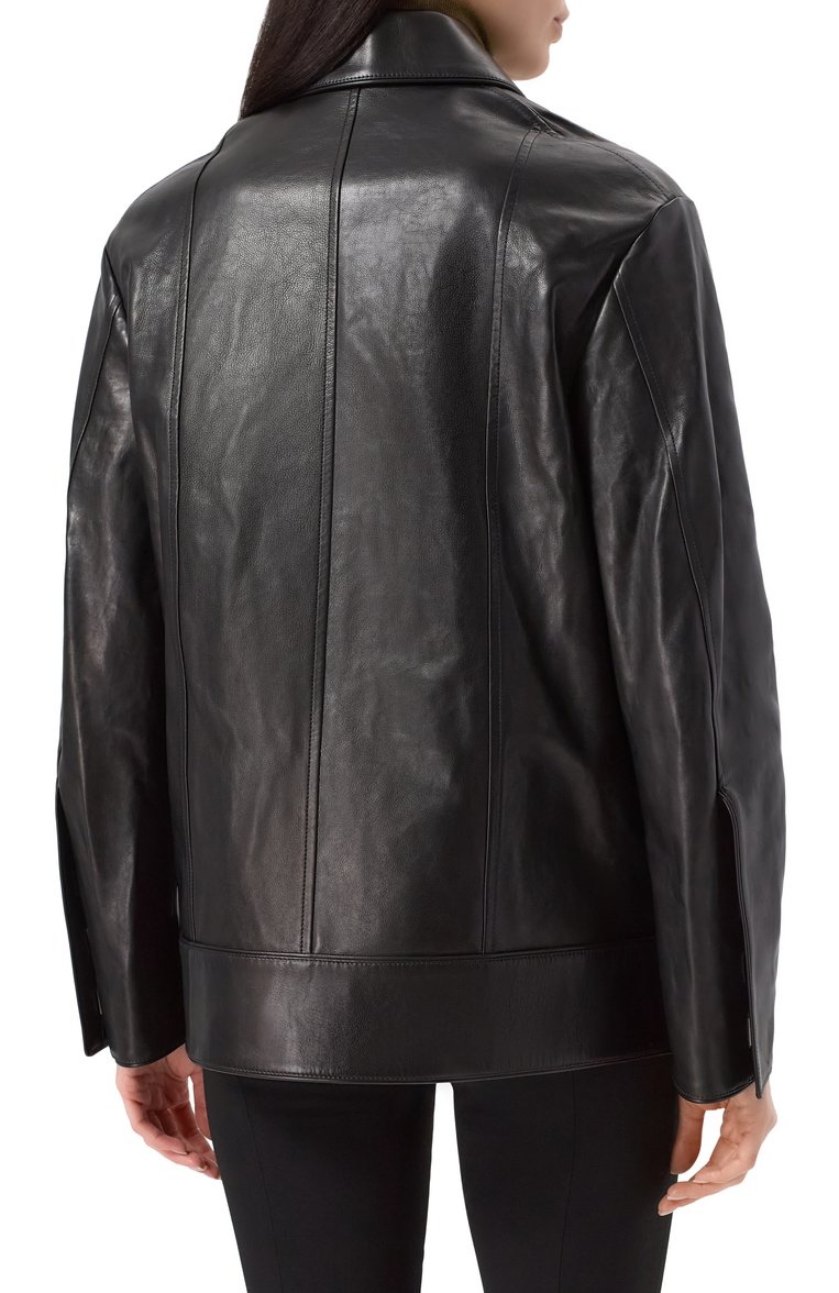 Женская кожаная куртка JIL SANDER черного цвета, арт. J03BN0183-J07207 | Фото 4 (Автоматизация состава: Проставлено; Автоматизация ТО: Проставлено; Материал подклада: Вискоза; Материал внешний: Натуральная кожа; Длина (верхняя одежда): Короткие; Рукава: Длинные; Женское Кросс-КТ: Замша и кожа; Кросс-КТ: Куртка, Легкие; Стили: Кэжуэл)