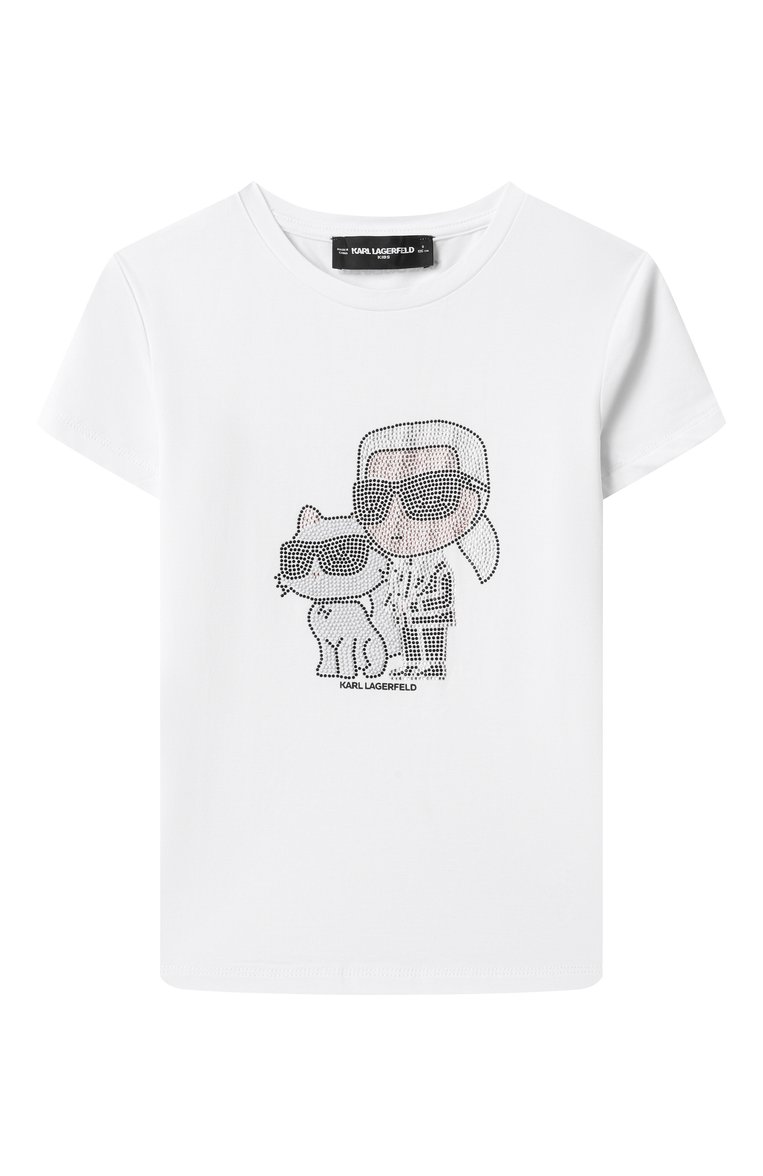 Детская хлопковая футболка KARL LAGERFELD KIDS белого цвета, арт. Z30489 | Фото 1 (Драгоценные камни: Проставлено; Материал сплава: Проставлено; Рукава: Короткие; Материал внешний: Хлопок; Девочки Кросс-КТ: футболка-одежда; Ростовка одежда: 5 лет | 110 см, 9 лет | 134 см, 7 лет | 122 см, 12 лет | 152 см, 13 - 15 лет | 158 см, 16 лет | 164 см)
