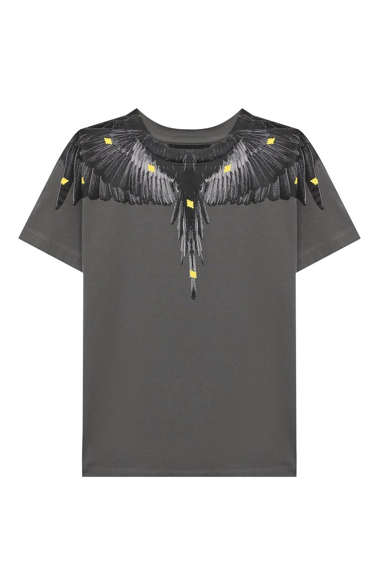 Детская хлопковая футболка MARCELO BURLON KIDS OF MILAN темно-серого цвета, арт. 21E/B/MB/1114/0010/2-6Y | Фото 1 (Материал внешний: Хлопок; Рукава: Короткие; Региональные ограничения белый список (Axapta Mercury): RU; Мальчики Кросс-КТ: Футболка-одежда; Материал сплава: Проставлено; Драгоценные камни: Проставлено; Ростовка одежда: 4 года | 104 см, 6 лет | 116 см)