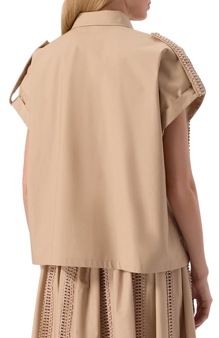 Женская хлопковая рубашка ELIE SAAB бежевого цвета, арт. SH092NS25/P0009 | Фото 4 (Материал внешний: Хлопок; Длина (для топов): Стандартные; Автоматизация состава: Проставлено; Рукава: Короткие; Автоматизация ТО: Проставлено; Принт: Без принта; Кросс-КТ: костюм; Женское Кросс-КТ: Рубашка-одежда; Стили: Кэжуэл)