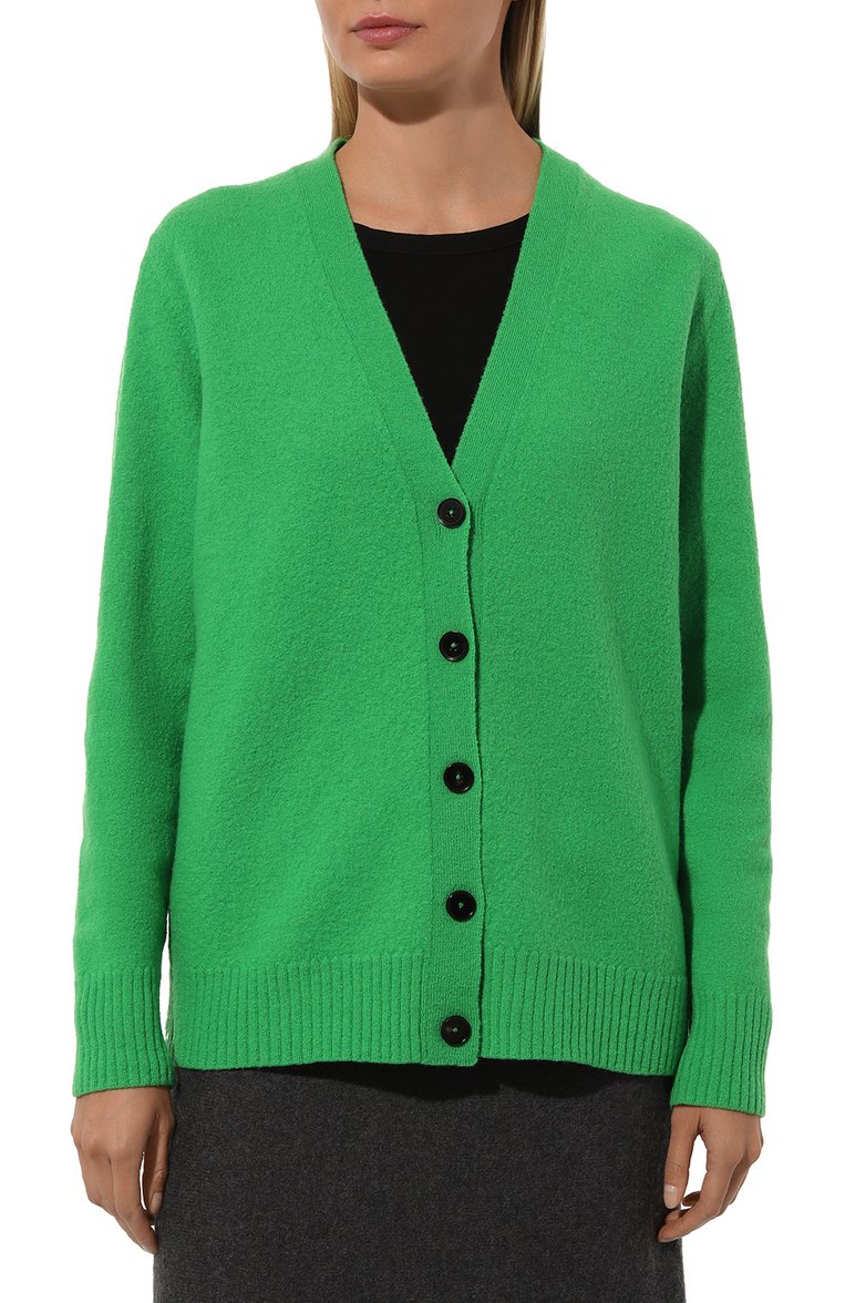 Женский шерстяной кардиган JIL SANDER зеленого цвета, арт. J01HP0002/J14603 | Фото 3 (Материал внешний: Шерсть; Рукава: Длинные; Длина (для топов): Стандартные; Женское Кросс-КТ: кардиган-трикотаж; Стили: Минимализм; Застежка: Пуговицы; Автоматизация состава: Проставлено; Автоматизация ТО: Проставлено)