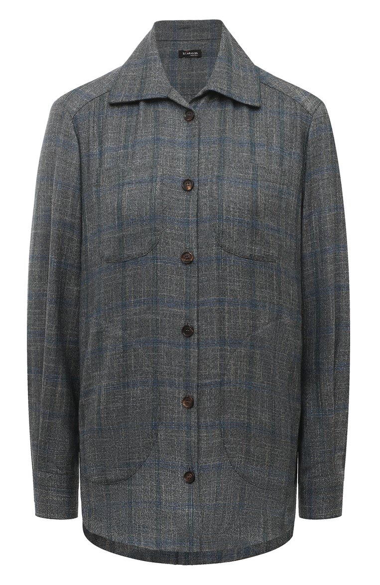 Женская рубашка из шерсти и вискозы KITON серого цвета, арт. D50429K0511C | Фото 1 (Рукава: Длинные; Длина (для топов): Удлиненные; Материал внешний: Шерсть, Вискоза; Принт: С принтом, Клетка; Женское Кросс-КТ: Рубашка-одежда; Автоматизация состава: Проставлено; Автоматизация ТО: Проставлено)